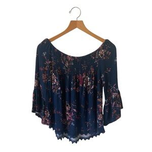 LUQ Flowy Floral Bohemian Navy Women's Off Shoulder Top Size XS